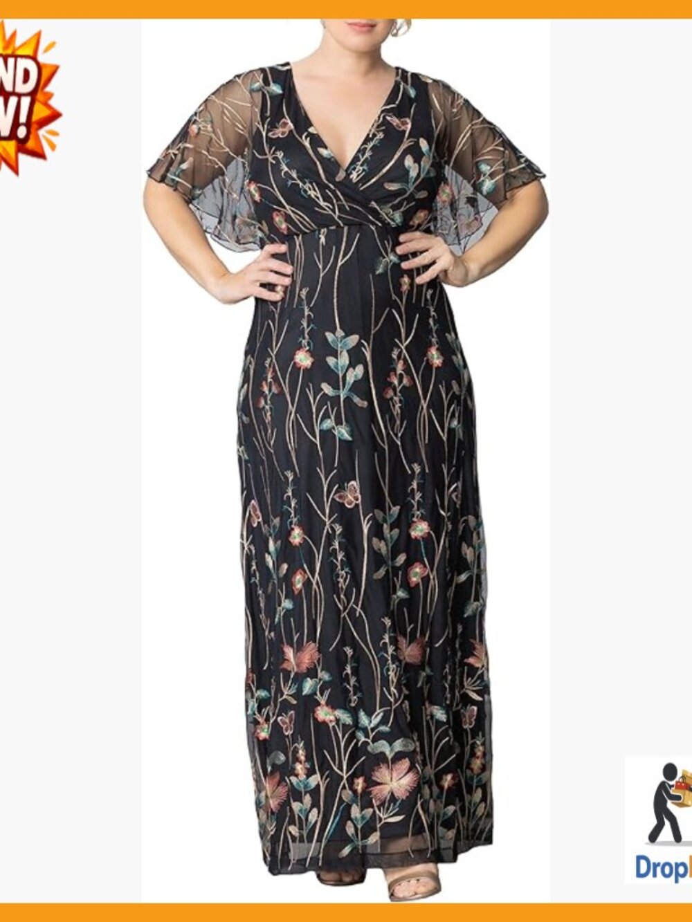 Floral Embroidered Formal Gown Elegant Mesh Overlay Long Sleeve Evening Dress